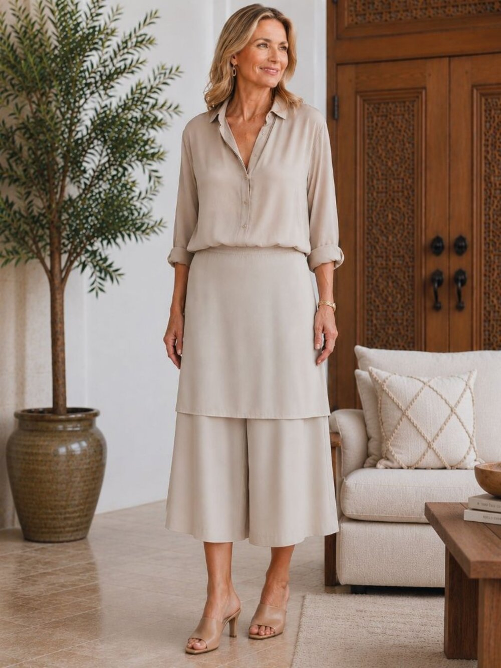 Eileen Fisher LARGE Silk Georgette Crepe Wide Crop Skort NEW in Bone The System